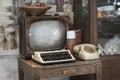 retro interior - old TV, typewriter and dial phone. Things from the 50s and 60s