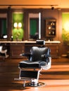 Retro Interior Of Stylish Barber Shop. Black Vintage Chair And Big Mirror Illuminated With Warm Light. 3d Rendering
