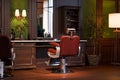 Retro Interior Of Stylish Barber Shop. Vintage Chair And Big Mirror With Warm Light.3d Rendering