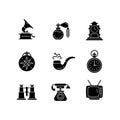 Retro items black glyph icons set on white space