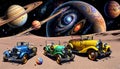 Retro jalopy tour car transportation universe planet milky way travel