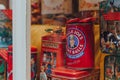 Retro jars with cookies and candy in a window of a shop in Broadway, Cotswolds, UK