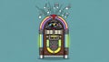 Retro Jukebox with Musical Notes Illustration on Teal Background Royalty Free Stock Photo