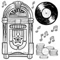 Retro jukebox and vinyl LP sketch Royalty Free Stock Photo