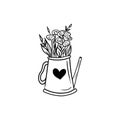 Retro kettle funnel with bouquet of flowers and herbs with heart design. Hand drawn vector sketch illustration in doodle vintage