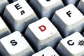 Retro Keyboard with D button in red color. D button keyboard in close up macro