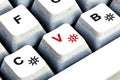 Retro Keyboard with V button in red color. V button keyboard in close up macro