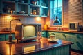 Retro Kitchen Computer Voice Assistant A Stylish and Functional Fusion of Vintage Charm and Modern Technology Royalty Free Stock Photo