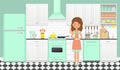 Retro kitchen with cooking girl. Vector illustration in flat design