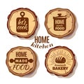 Retro kitchen cooking at home and handmade badges on saw cut tree trunks Royalty Free Stock Photo