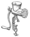 Retro kitchen grinder sketch illustration. Vintage manual meat mincer with handle