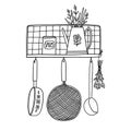 Retro kitchen shelf with utensils, outline vector illustration