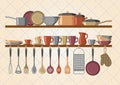 Retro kitchen shelves and cooking utensils