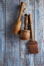Retro kitchen utensils on old wooden table Royalty Free Stock Photo