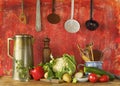 Retro kitchen utensils and vegetables, Royalty Free Stock Photo