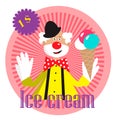 Retro label with funny clown with ice cream