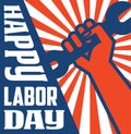 Retro labor day poster banner design with strong worker fist Royalty Free Stock Photo