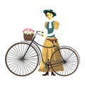 Retro lady on a bicycle with hat and basket vector Illustration isolated Royalty Free Stock Photo