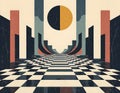 AI Generated Retro Landscape with Geometric Chequered Floor Royalty Free Stock Photo