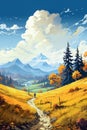 Retro landscape poster. Autumn in the mountains. Generative AI