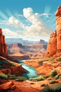 Retro landscape poster. Traveling to canyon. Generative AI