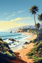 Retro landscape poster. Vacation on beautiful ocean coastline. Generative AI