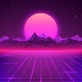 Retro landscape in purple colors. Futuristic planet neon mountains and sunset background. Sci-fi abstract geometric landscape.