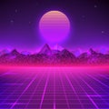 Retro landscape in purple colors. Futuristic planet neon mountains and sunset background. Sci-fi abstract geometric landscape Royalty Free Stock Photo