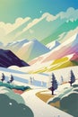 Retro landscape. Snowy background. Snowfall Clear blue sky wallpaper, vector illustration