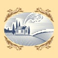 Retro landscapes vector illustration farm house agriculture graphic countryside scenic antique drawing. Royalty Free Stock Photo