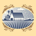 Retro landscapes vector illustration farm house agriculture graphic countryside scenic antique drawing. Royalty Free Stock Photo