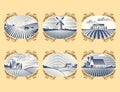 Retro landscapes vector illustration farm house agriculture graphic countryside scenic antique drawing. Royalty Free Stock Photo