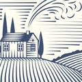 Retro landscapes vector illustration farm house agriculture graphic countryside scenic antique drawing.