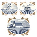 Retro landscapes vector illustration farm house agriculture graphic countryside scenic antique drawing.