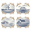 Retro landscapes vector illustration farm house agriculture graphic countryside scenic antique drawing.