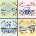 Retro landscapes vector illustration farm house agriculture graphic countryside scenic antique drawing.