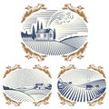 Retro landscapes vector illustration farm house agriculture graphic countryside scenic antique drawing. Royalty Free Stock Photo