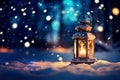 Retro lantern lighting in snow on Christmas evening Royalty Free Stock Photo