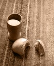 A bowl of wine and bread on the table. Communion symbols