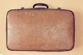Retro leather brown suitcase for travel, trip. Vintage travel. Grandparents trip. Travelling concept. Place for text