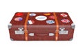 Retro Leather Brown Threadbare Suitcase With Travel Stickers, Metal Corners and Belts. 3d Rendering