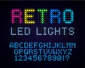 Retro led font. Old style glowing abc. Vintage neon typeface.