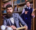 Retro leisure concept. Man with beard and calm face Royalty Free Stock Photo