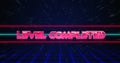 Retro Level Completed text glitching over blue and red lines on white hyperspace effect