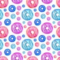 Retro light blue and pink digital paper isolated on white background. Watercolor donuts seamless pattern for decoration Royalty Free Stock Photo