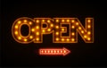 Retro light bulb signboard open with arrow neon glow frame