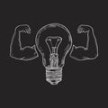 Retro light bulbs with hand biceps Vintage hand-drawn black and white on a dark background