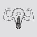 Retro light bulbs with hand biceps Vintage hand-drawn black and white