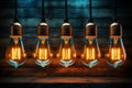 Retro light bulbs, teamwork - innovation, leadership - wooden backdrop