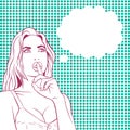 Retro line art style vector portrait. Pop Art Vintage advertising poster comic girl with speech bubble. Confused thinking pretty g